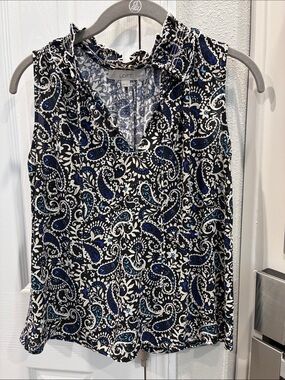 LOFT Blue & Black Paisley Sleeveless V-Neck Top